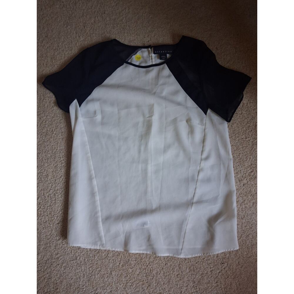 Attention Black White Colorblock Short Sleeve Crew Neck Blouse S Polyester